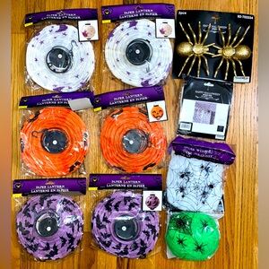 Halloween Decor Lot – 6 Light Up Paper Lanterns, 3 Spider Webs & 2 Gold Spiders